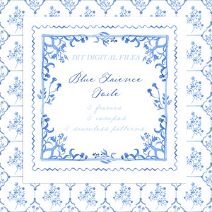 Blauwe faience toile vintage DIY digitale papieren fotolijsten aquarel clipart
