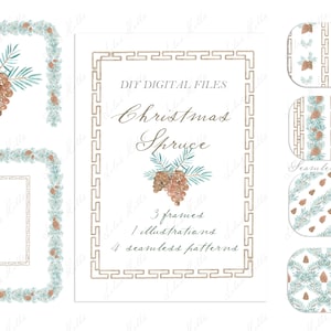Op de afbeelding: Digitale downloadset met kerstboomillustraties en patronen. Bevat drie frames, één illustratie en vier naadloze patronen. De illustraties tonen aquarel-achtige dennentakken met dennenappels in tinten bruin en groen.
