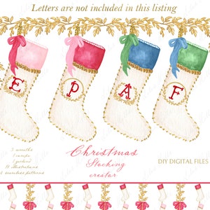 May include: Four white Christmas stockings with gold trim and different colored bows. The stockings are decorated with gold embroidery and letters E, P, A, and F. The stockings are hanging from a garland of gold leaves.