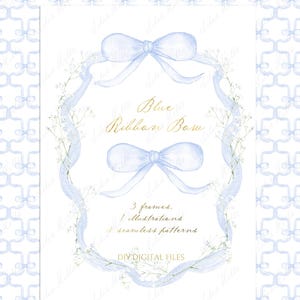 Noeud de ruban bleu Baby shower Noeud bleu et petites fleurs blanches Grand millénaire rose tendre DIY numérique papier cadres aquarelle Clipart