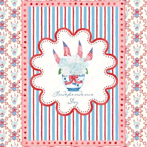4 lipca Hortensja Clipart | Akwarela Patriotyczny Wazon PNG | Grandmillennial Kwiatowa Ramka i Bezszwowy Wzór | Sztuka Dnia Niepodległości