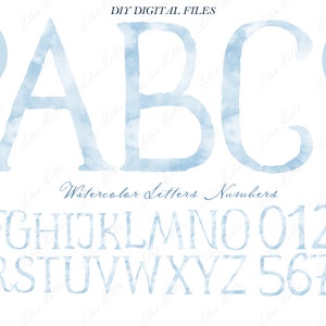 Wedding Monogram PNG Letters Numbers for Crest DIY Light  Blue Digital Watercolor Clipart