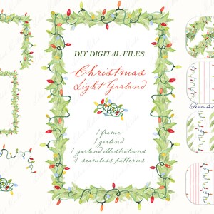 May include: Watercolor illustrations of Christmas light garlands and frames. The image includes a rectangular frame, a garland, and several seamless patterns. The text "DIY DIGITAL FILES" and "Christmas Light Garland" are also visible.