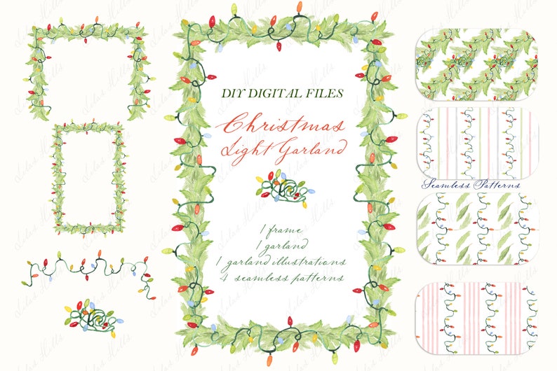 May include: Watercolor illustrations of Christmas light garlands and frames. The image includes a rectangular frame, a garland, and several seamless patterns. The text "DIY DIGITAL FILES" and "Christmas Light Garland" are also visible.