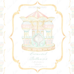 Carousel Balloons Vintage Pastel Colors Baby shower Grandmillennial  soft pink DIY Digital paper Frames Watercolor Clipart