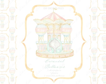 Carousel Balloons Clipart: Pastel Watercolor, Baby Shower (Digital Download)