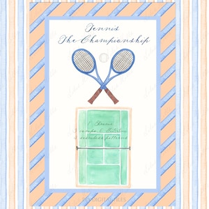 Tênis O Campeonato Clipart, Listras Pêssego Azul DIY l Wimbledon paperie Aquarela Tênis Vintage DIY Clipart Digital Raquete rosa