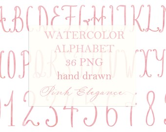 Può includere: Alfabeto e numeri in acquerello rosa con un carattere scritto a mano. Le lettere e i numeri sono in stile corsivo. Il testo "WATERCOLOR ALPHABET 36 PNG hand drawn Pink Elegance" è al centro dell'immagine.