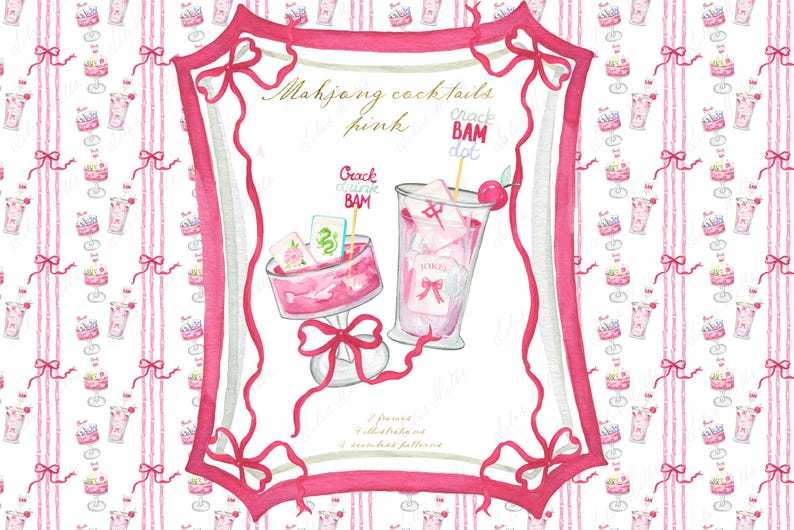 Puede incluir: Ilustraci&oacute;n en acuarela de c&oacute;cteles rosas de Mahjong. La imagen presenta un c&oacute;ctel en un vaso alto con una cereza y un c&oacute;ctel en un cuenco peque&ntilde;o con fichas de Mahjong. El fondo tiene un patr&oacute;n repetido de c&oacute;cteles y lazos.