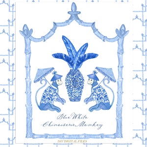 Chinoiserie Blue Monkey.  Bamboelijst DIY Digitale papierlijsten Aquarel Clipart