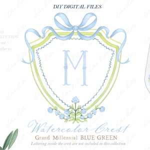 Grand millenario blu verde Vintage famiglia acquerello Crest fai da te fiocco blu documenti digitali acquerello Clipart