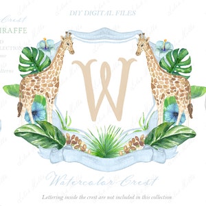 Tropical, girafa, casamento, família, crista, diy, empoeirado, azul, trópico, vegetação, digital, papéis, aquarela Clipart