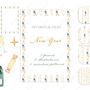Marcos de papel digitales DIY con champán para Año Nuevo, clipart de acuarela, aniversario