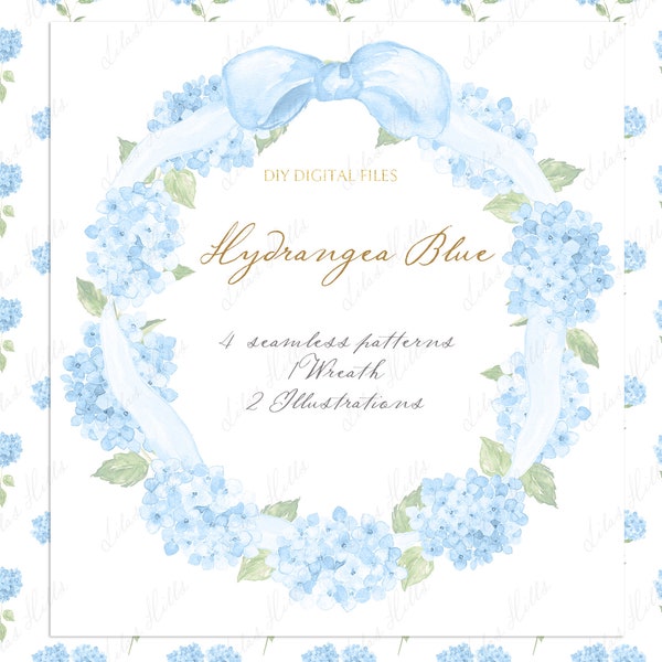 Hydrangea Blue  Baby shower Blue bow and little flowers Grandmillennial  soft pink DIY Digital paper Frames Watercolor Clipart