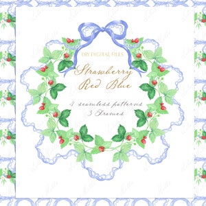 Fraise rouge bleu Baby shower bleu noeud et fraises grand millénaire bricolage papier numérique cadres aquarelle Clipart