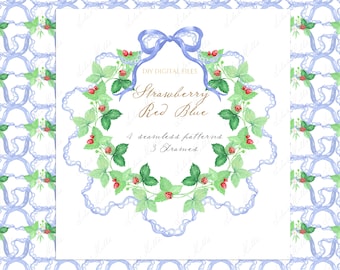 Clipart z truskawkami na baby shower: Akwarele w ramkach i wzorach (do pobrania w wersji cyfrowej)