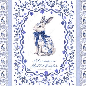 Chinoiserie Rabbit Blue Flowers Easter Grand millennial Bunny DIY Digital Watercolor Clipart
