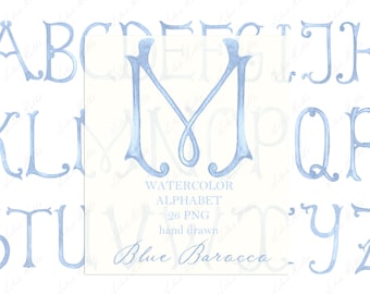 Wedding Monogram PNG Calligraphy Letters for Crest DIY Romantic  Light Blue Digital Watercolor Clipart