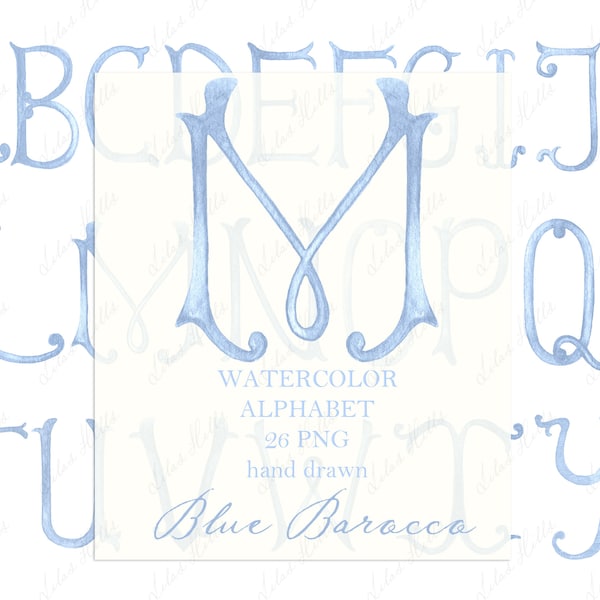 Hochzeit Monogramm PNG Kalligraphie Buchstaben für Wappen DIY Romantische Hellblau Digitale Aquarell Clipart