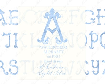 Wedding Monogram PNG Vintage Calligraphy Letters for Crest DIY Chateau  Light Blue Digital Watercolor Clipart