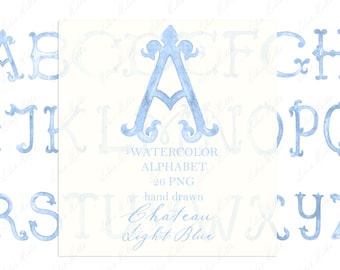 Wedding Monogram PNG Vintage Calligraphy Letters for Crest DIY Chateau  Light Blue Digital Watercolor Clipart