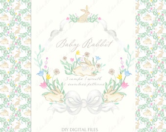 Baby Rabbit Spring Easter DIY Digital  Greenery paper Frames Watercolor Clipart Grand millennial