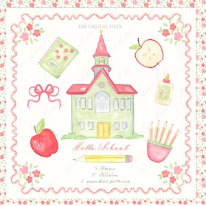 Puede incluir: Un conjunto de ilustraciones de acuarela que representan una escuela, una manzana, un lápiz, pegamento, un libro y un lazo. Las ilustraciones están en un esquema de color rosa y verde y tienen un estilo caprichoso dibujado a mano. El texto "Hello School" está escrito en cursiva.