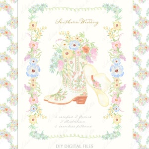 Südliche Hochzeit Salbei Grün Creme Blumen Braut Aquarell Clipart Cowboystiefel Blau Vintage