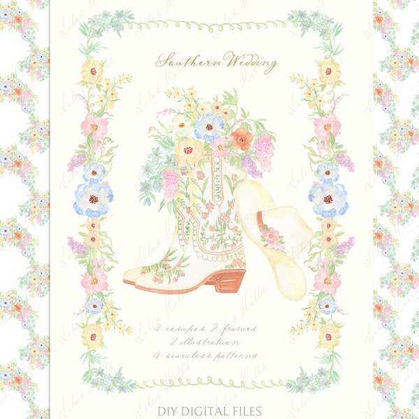 Southern Wedding Sage Green Cream Flowers Bridal Watercolor Clipart Cowboy boots Blue Vintage