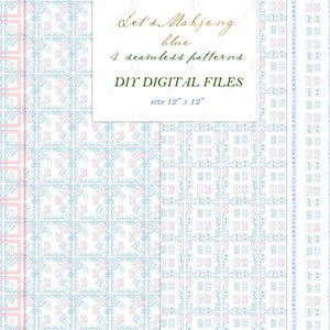 May include: Four digital seamless patterns in blue and pink, featuring geometric designs. The patterns are 12 inches by 12 inches. Let's Mahjong blue.