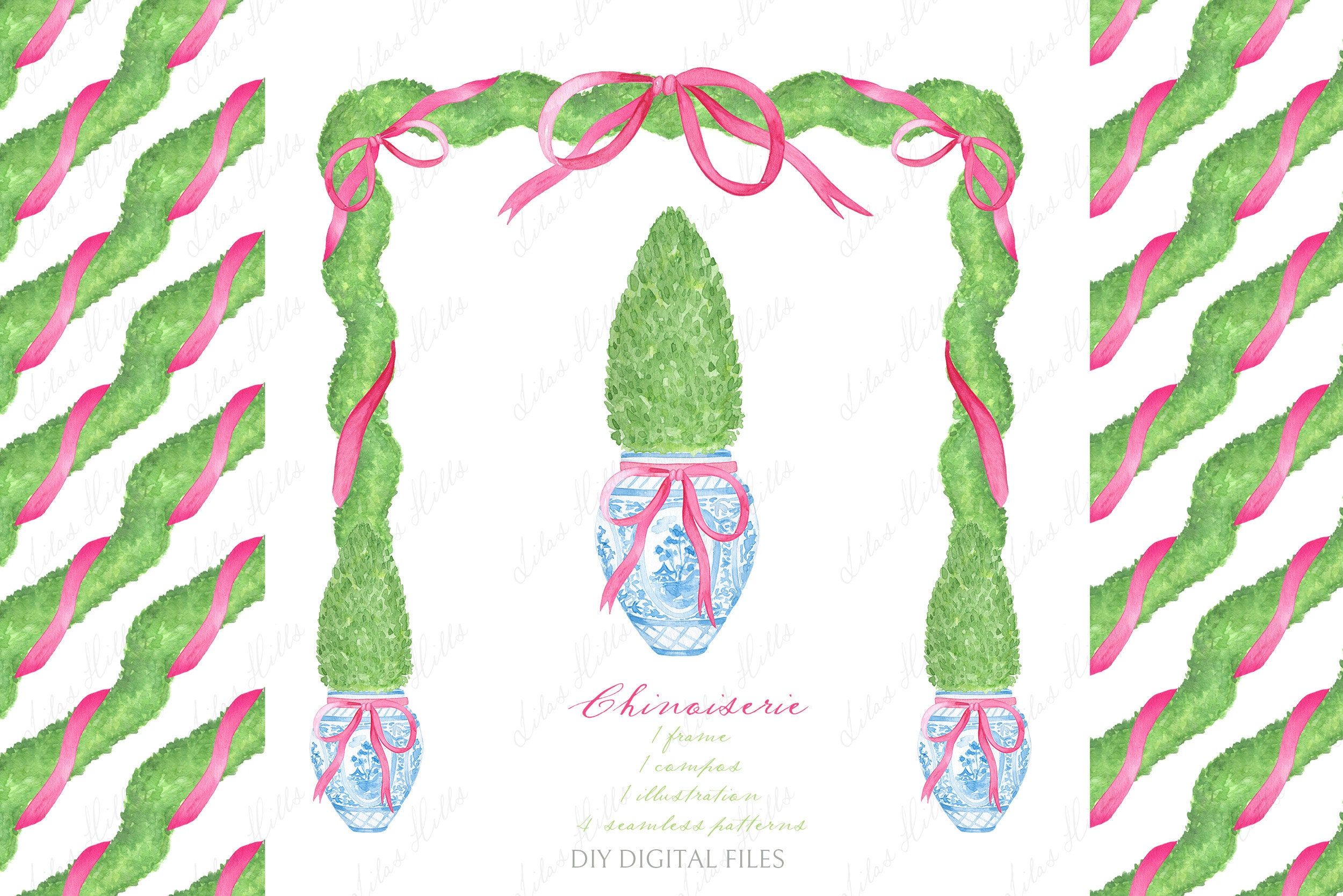 Chinoiserie Blue Topiary. DIY Digital paper Frames Watercolor Clipart