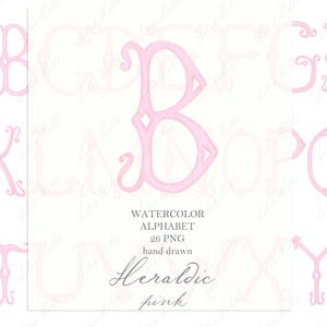 Wedding Monogram PNG Vintage Calligraphy Letters for Crest DIY Heraldic Pink Digital Watercolor Clipart