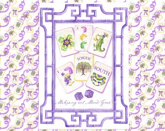 Może przedstawiać: Akwarelowa ilustracja zestawu do Mahjonga z motywem Mardi Gras. Zestaw zawiera karty z motywami kwiatowymi, aligatora i jokera, oprawione w fioletową ramkę w stylu bambusowym. Obecne są również dwie fioletowe kostki. Tło przedstawia powtarzający się wzór kart i wstążek.