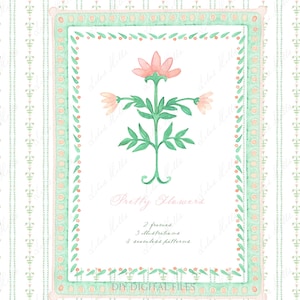 Roze Groen Bloemen Vintage Botanisch Mooie bloemen DIY Digitaal papier