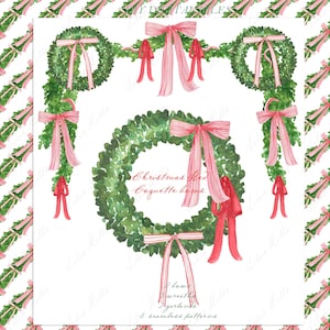 以下が含まれることがあります： 水彩画のイラストセット。クリスマスリース、ガーランド、シームレスパターンが描かれています。リースとガーランドはピンクと赤のリボンで飾られています。パターンはガーランドの繰り返しデザインです。