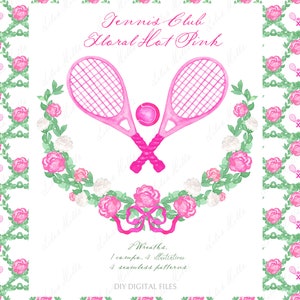 Tennis Clipart, Pink Blumen Aquarell Kranz. Tennis Vintage DIY Digital Clipart rosa Schläger