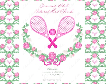 Pink Tennis Racket Clipart, Floral Wreath, DIY Watercolor (Digital Download)