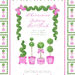 Chinoiserie Topiary Rosa choque. Molduras de papel digital DIY aquarela clipart