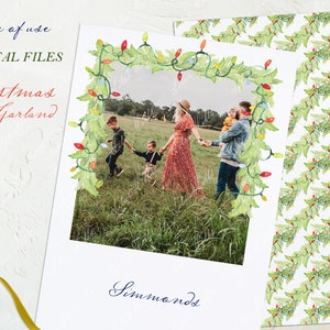 May include: Digital DIY files featuring a Christmas light garland design. The image shows a family photo framed by a watercolor garland with colorful lights. Additional text includes "Sample of use", "DIY DIGITAL FILES", and "Christmas Light Garland".