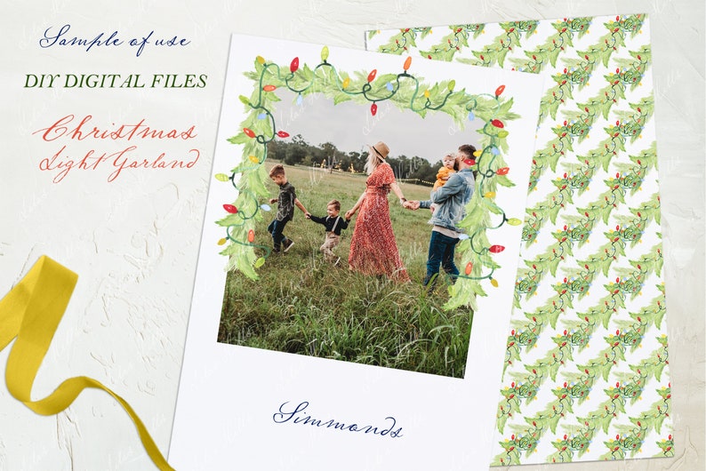 May include: Digital DIY files featuring a Christmas light garland design. The image shows a family photo framed by a watercolor garland with colorful lights. Additional text includes "Sample of use", "DIY DIGITAL FILES", and "Christmas Light Garland".