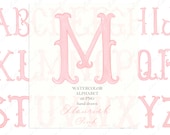 Wedding Monogram PNG Flourish Vintage Calligraphy Letters for Crest DIY Pink Digital Watercolor Clipart