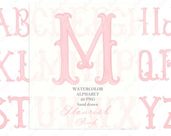 Wedding Monogram PNG Flourish Vintage Calligraphy Letters for Crest DIY Pink Digital Watercolor Clipart