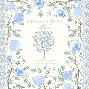 Chinoiserie Garden Toile Blauwe bloemen en vogels. Aquarel DIY digitale clipart Grand millennial