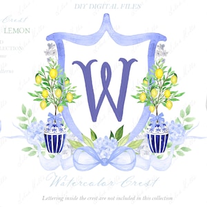 Chinoiserie Lemon Wedding Family Crest DIY Dusty Blue Chinoiserie Digital papers Aquarela Clipart