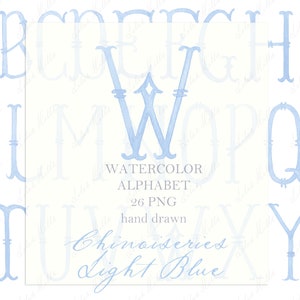 Wedding Monogram PNG Vintage Calligraphy Letters for Crest DIY Chinoiseries  Light Blue Digital Watercolor Clipart