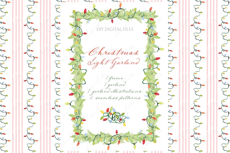 May include: Watercolor illustration featuring a Christmas light garland design. The image includes a frame, garland illustrations, and seamless patterns. The text reads "Christmas Light Garland" in red script, with colorful lights.
