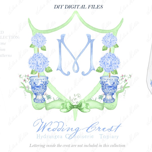 Wedding Family Crest DIY Hydrangea Chinoiserie Topiary Digital papers Watercolor Clipart