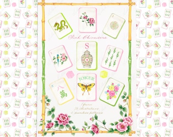 Pink Chinoiserie Mahjong Set Clipart, DIY Watercolor (Digital)