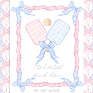 May include: A digital download of two watercolour illustrations of pink and blue pickleball paddles with a white background. The paddles are decorated with a gingham pattern and are tied together with a blue bow. The text "Pickleball pink blue" is written in cursive below the paddles. The text "DIY DIGITAL FILES" is written below the cursive text.