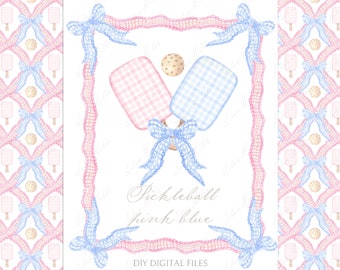 Watercolor Pickleball Clipart, Pink Blue Vintage Invite (Digital Download)
